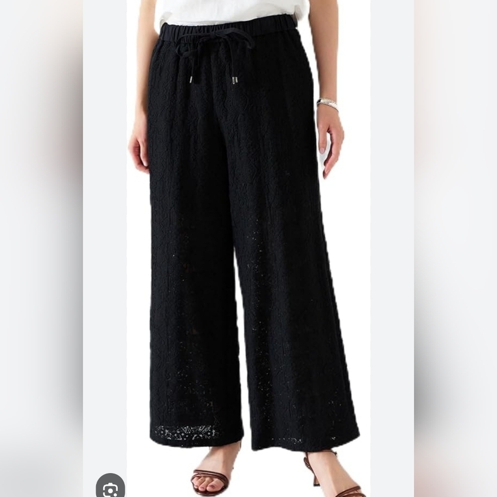 Black Lable By Chico's Women's High-Rise Wide Leg Lace Pull-On Pants, Size 0